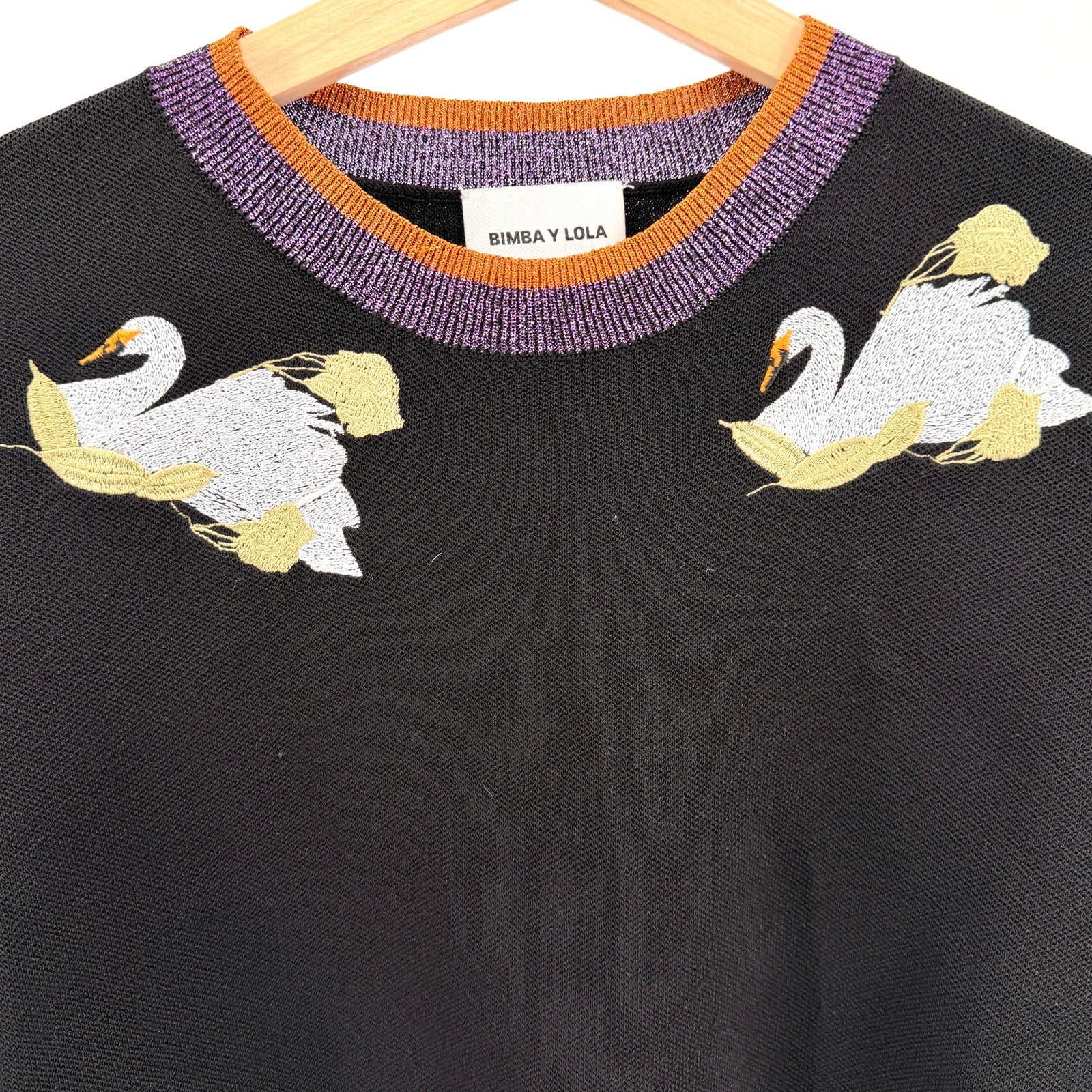 Bimba Y Lola Black Metallic Trim Embroidered Swan Sweater