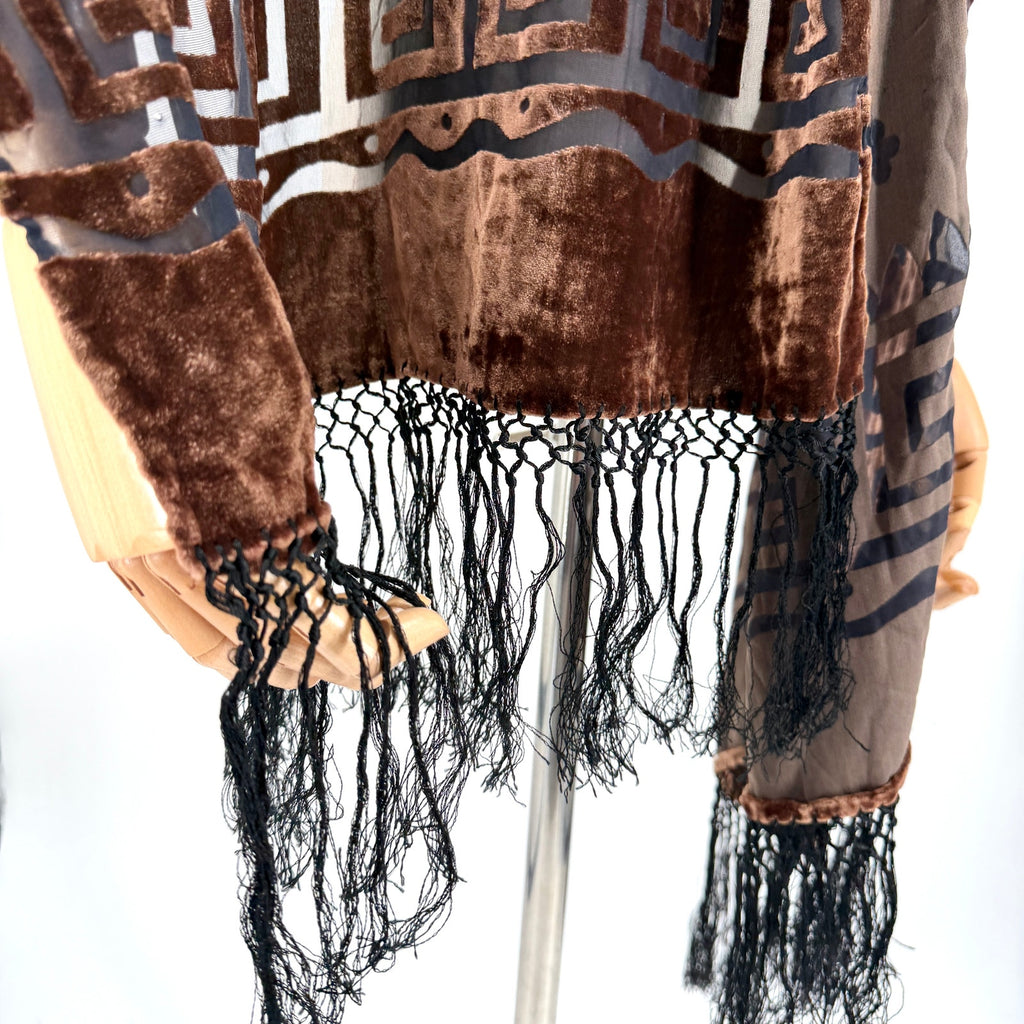 Vintage Y2K Boho Brown Velvet Black Burnout Grape Leaf Fringe Scarf