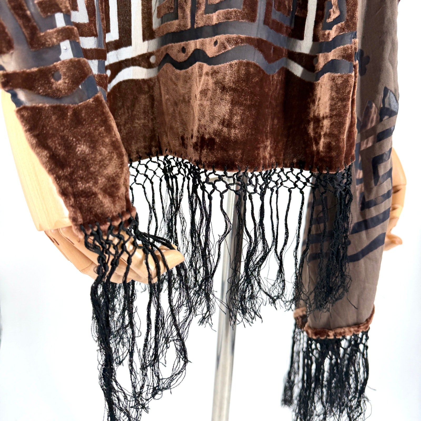 Vintage Y2K Boho Brown Velvet Black Burnout Grape Leaf Fringe Scarf