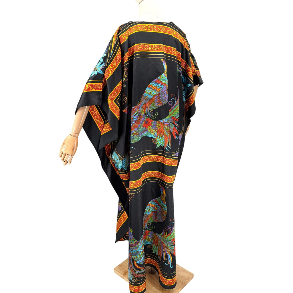 Vintage 90s Winlan Black Peacock Print Satin Kimono Robe