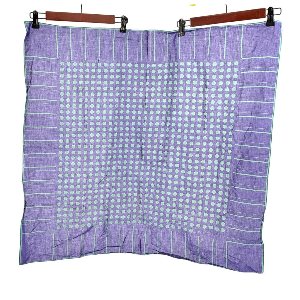 Vintage 80s Perry Ellis Blue Green 100% Cotton Polka Dot Square Scarf