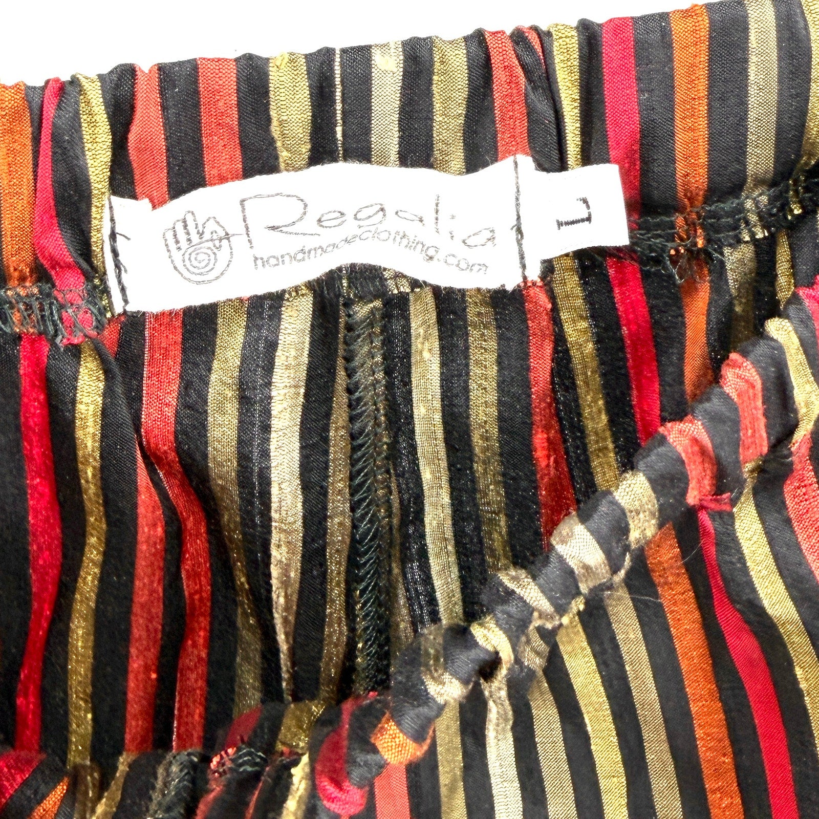 Black Multi-Color Striped Raw Silk Blend Elastic Waist Tapered Pants