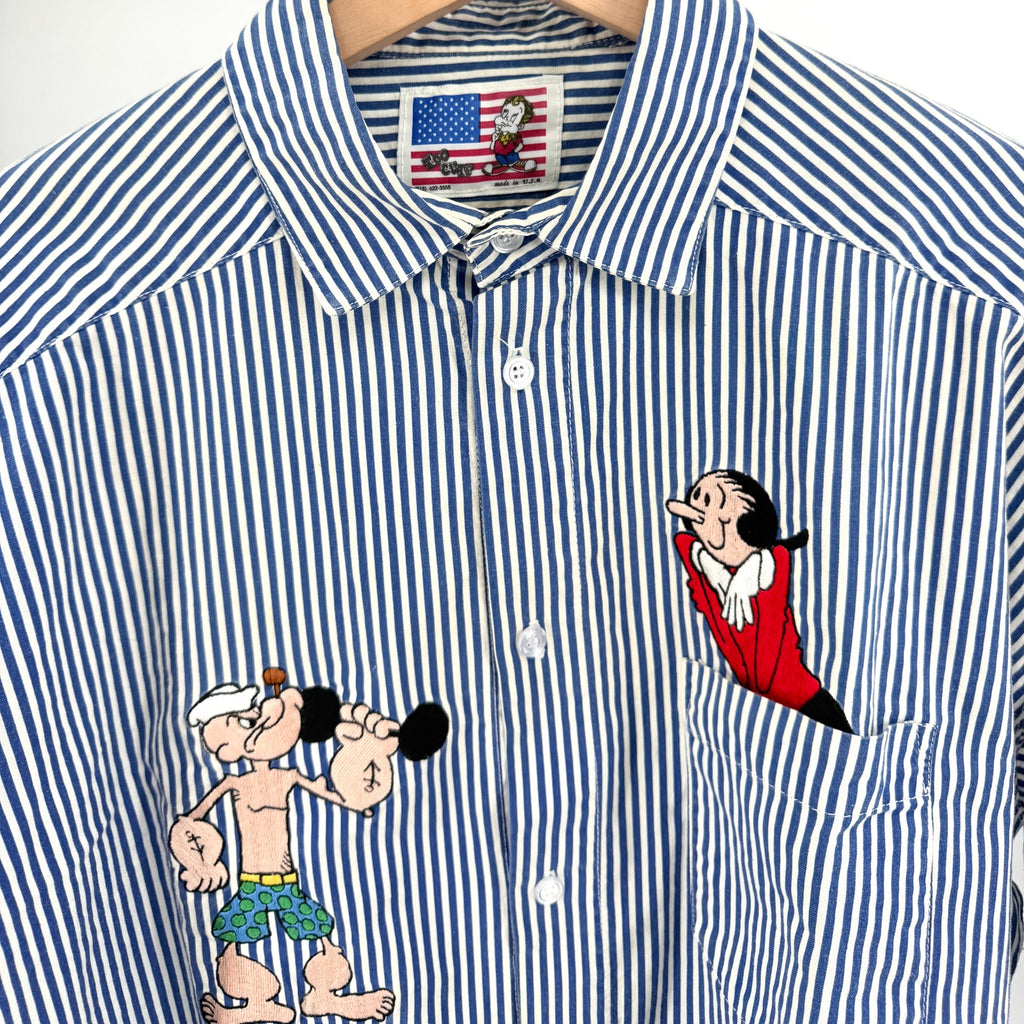MINT Vintage 90s Too Cute Guetta Bros Popeye Blue Striped Embroidered Shirt