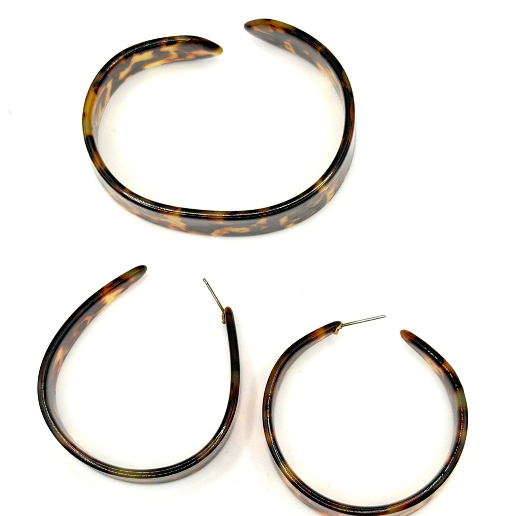 Vintage 80s Tortoiseshell Chunky Hoop Cuff Bracelet Earring Set