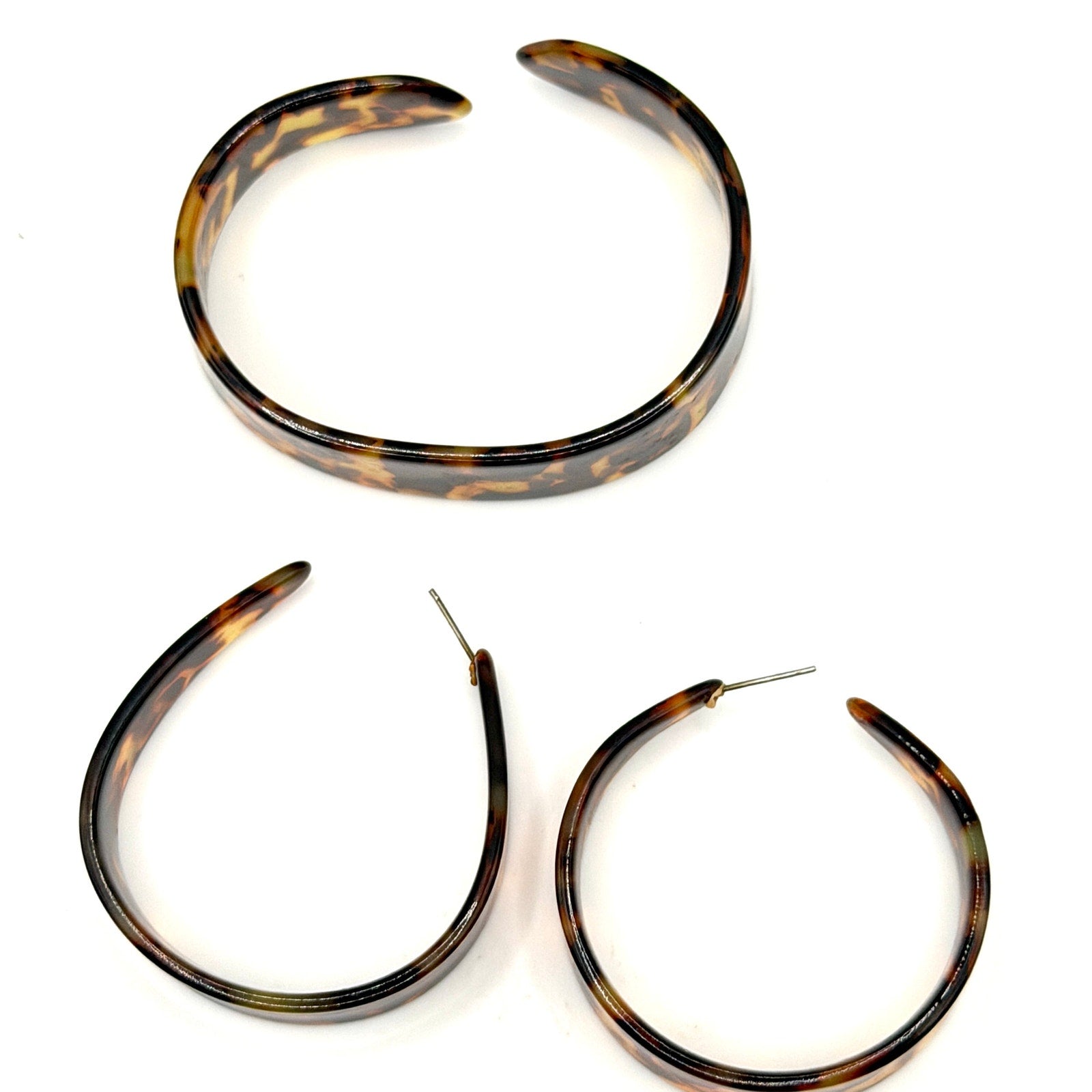 Vintage 80s Tortoiseshell Chunky Hoop Cuff Bracelet Earring Set