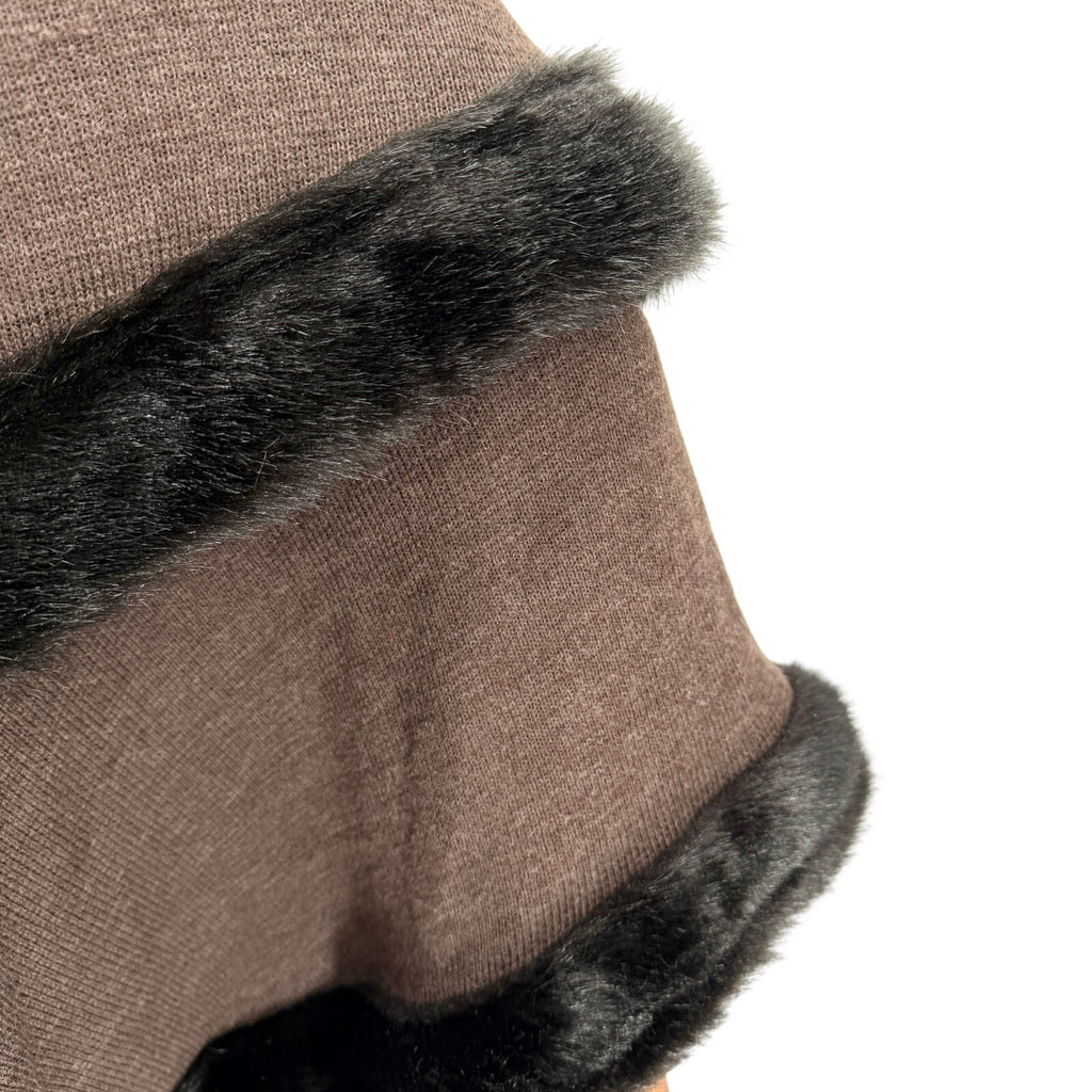 Vintage Y2K Brown Faux Fur Trim Elegant Layering Cape Ruana Wrap