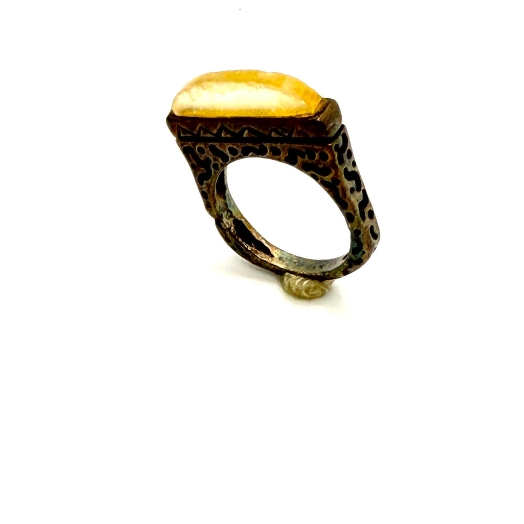 Vintage 90s Honey Amber Sterling Silver Geometric Tribal Stamped Statement Ring