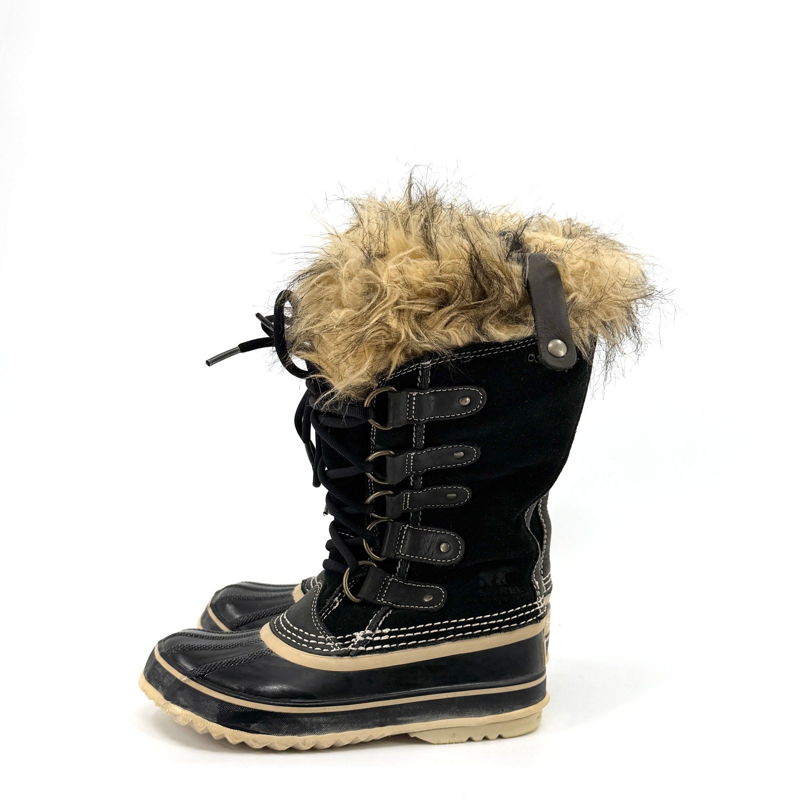 Sorel Black Genuine Leather Faux Fur Waterproof Snow Boots