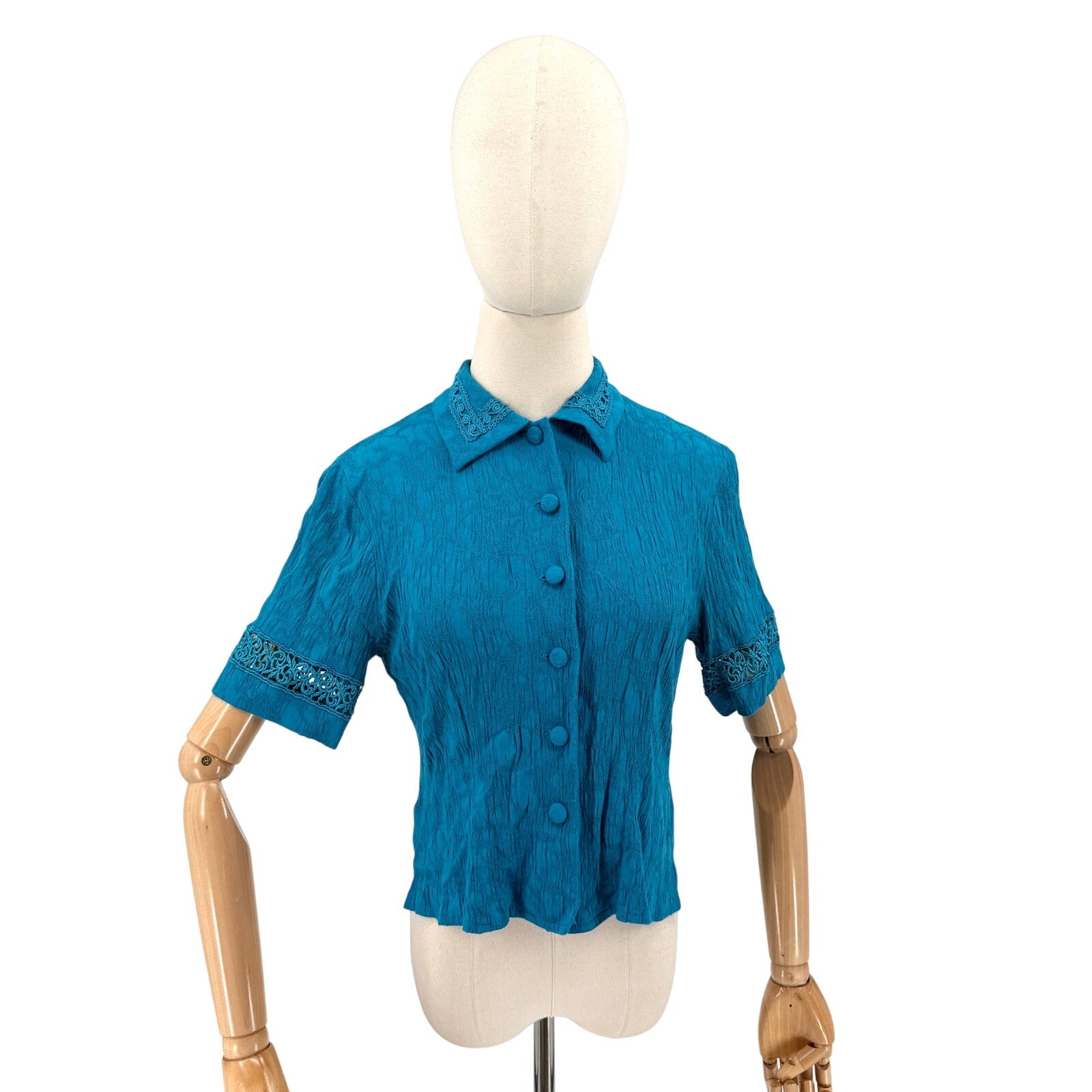 Vintage 90s Karin Stevens Teal Rayon Crinkle Lace Open Back Top