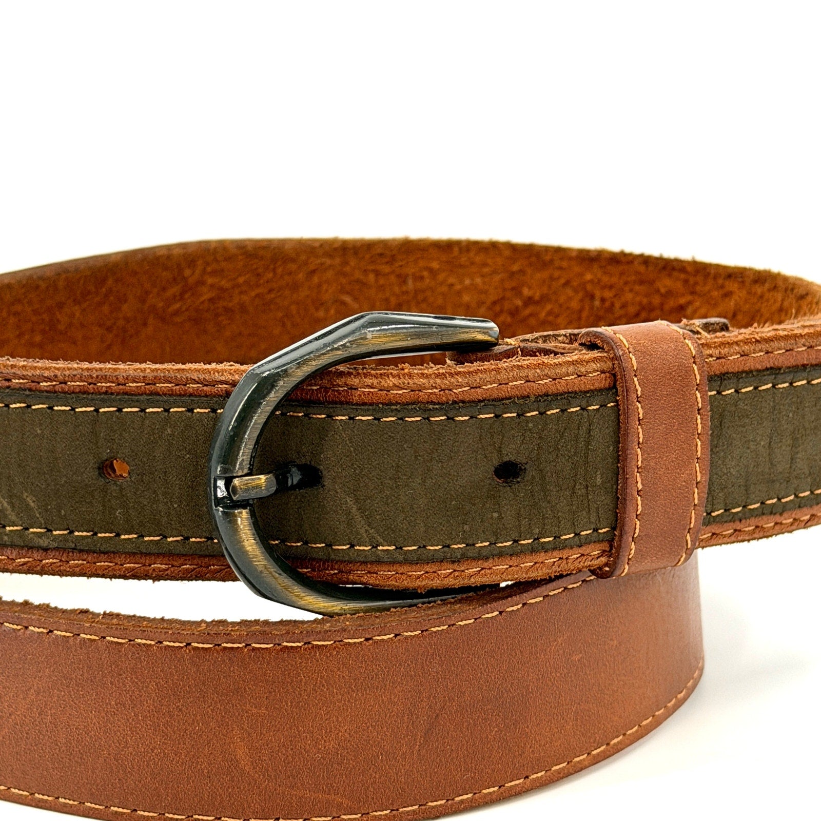 Vintage 90s Brown Genuine Leather Contrast Forest Green Trim Belt