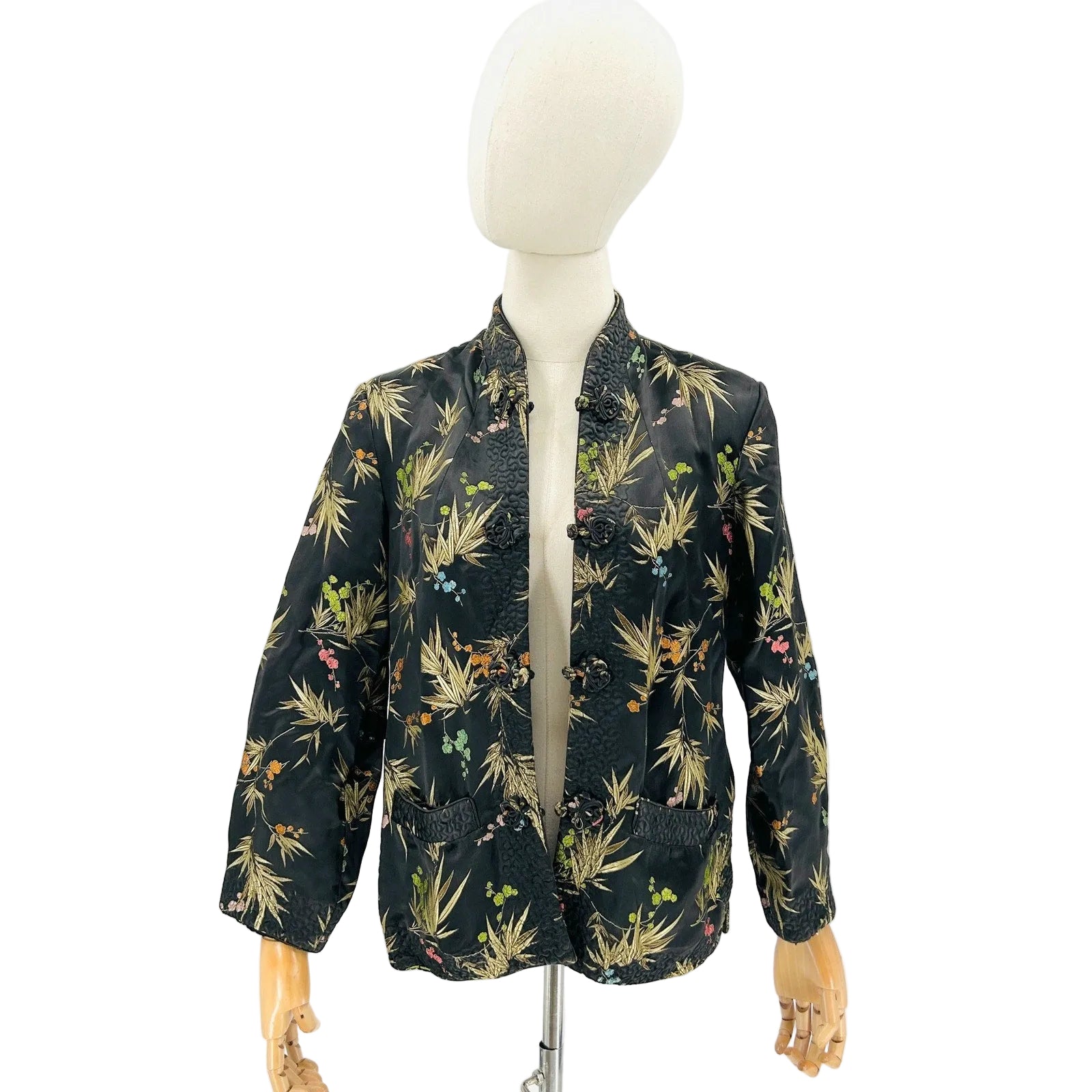 Vintage 80s Chinese Black Satin Gold Bamboo Embroidered Reversible Jacket