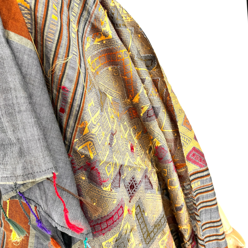 Gray Copper Geometric Tribal Woven Silk Blend Tassel Shawl Wrap