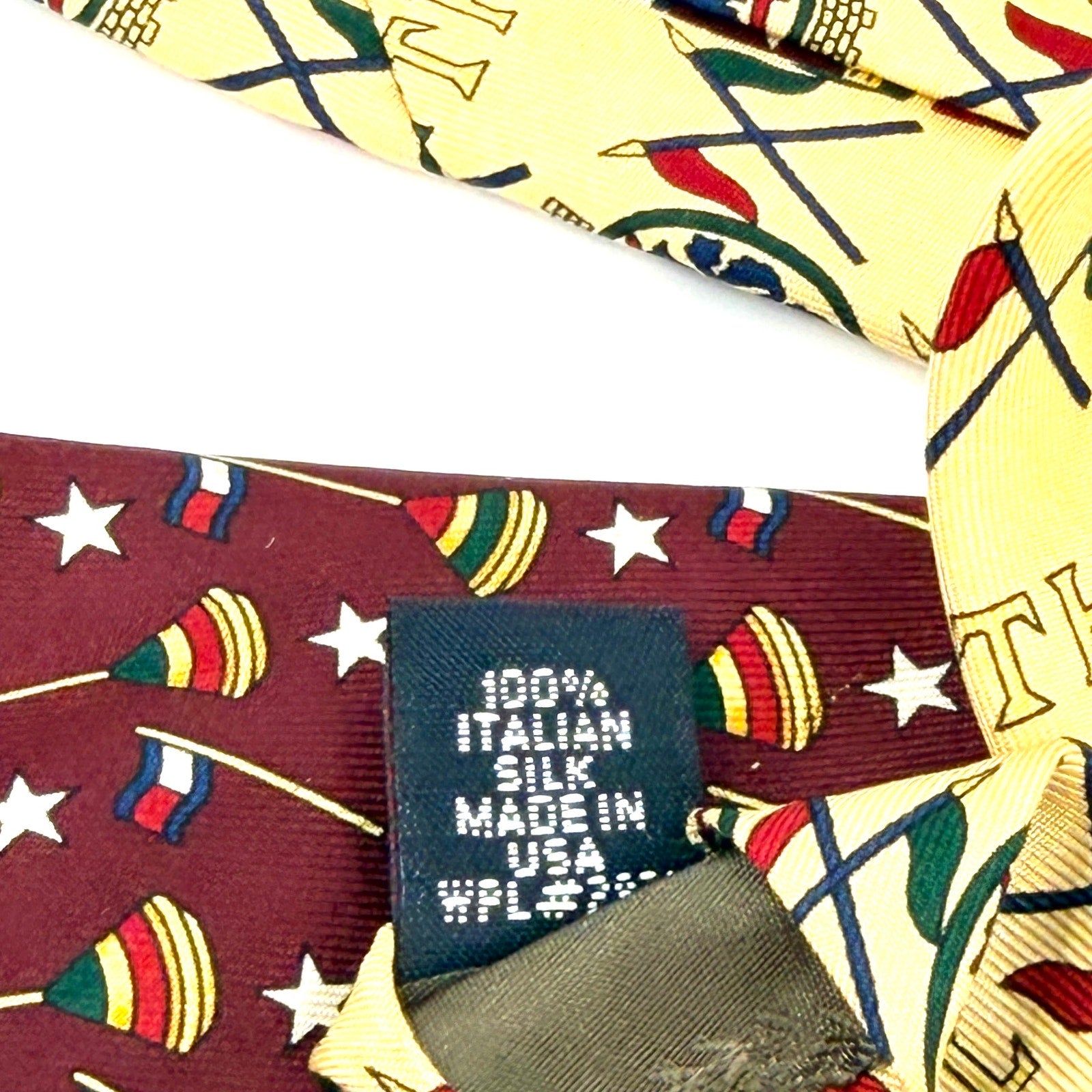 Vintage 90s Tommy Hilfiger Maroon Beige 100% Silk Nautical Flag Crest Necktie