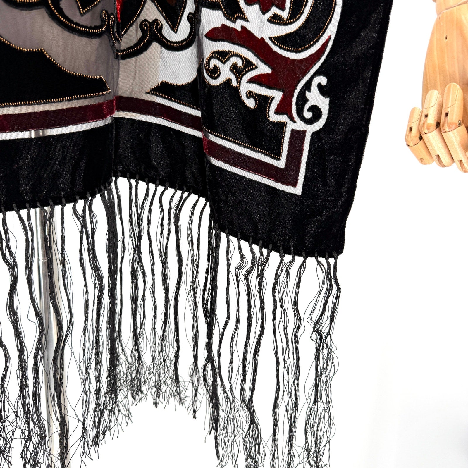 Vintage 90s Felicianni Black Red Gold Paisley Burnout Velvet Fringed Wrap Scarf