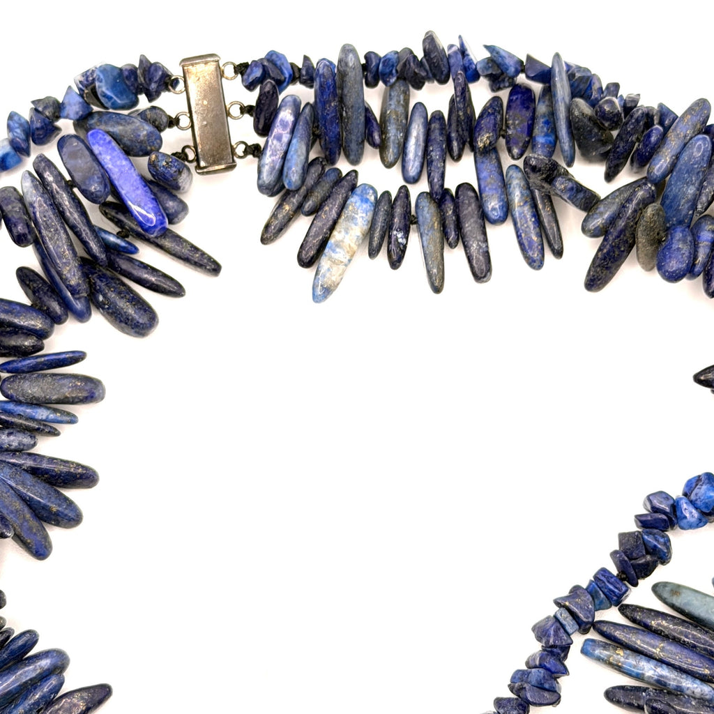 Vintage 90s Blue Lapis Lazuli Western Triple Strand Tusk Necklace