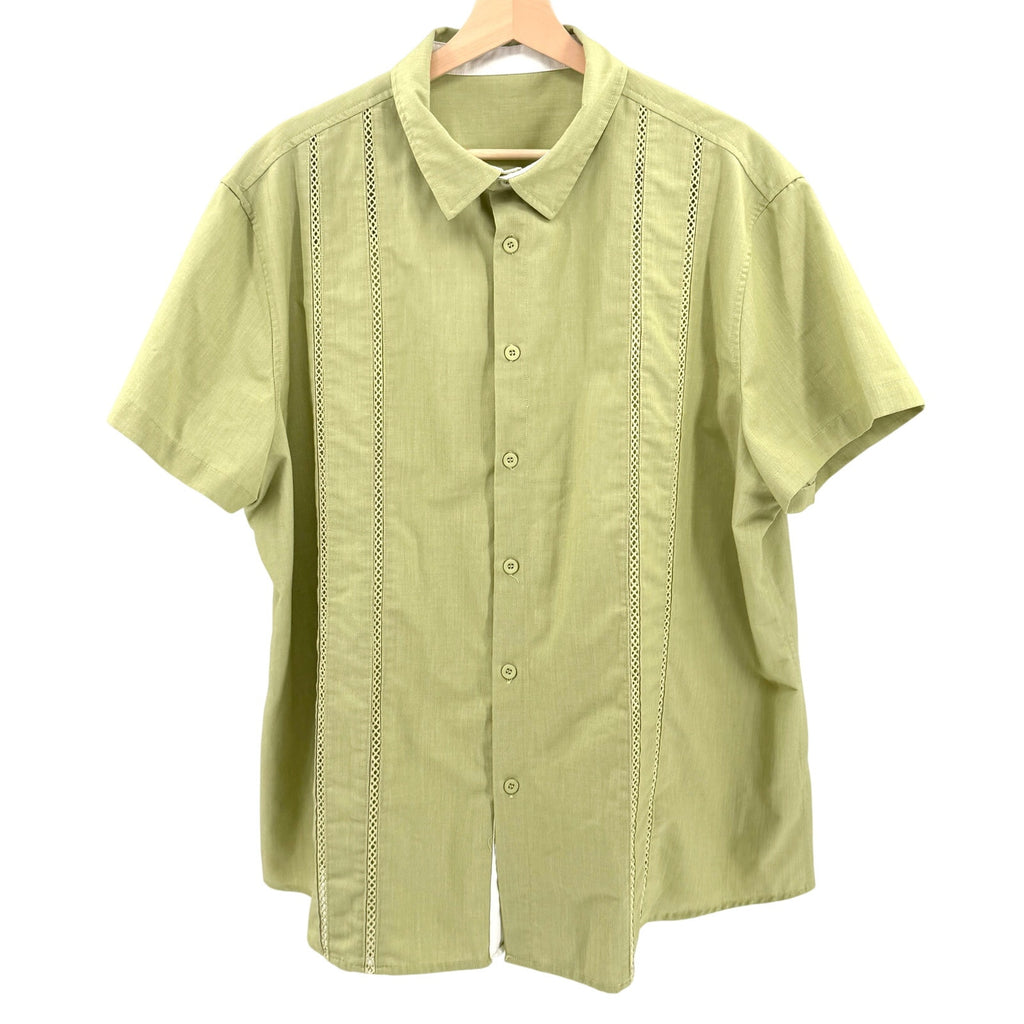 Pistachio Green Tropical Bowling Crochet Trim Short Sleeve Button Up Shirt