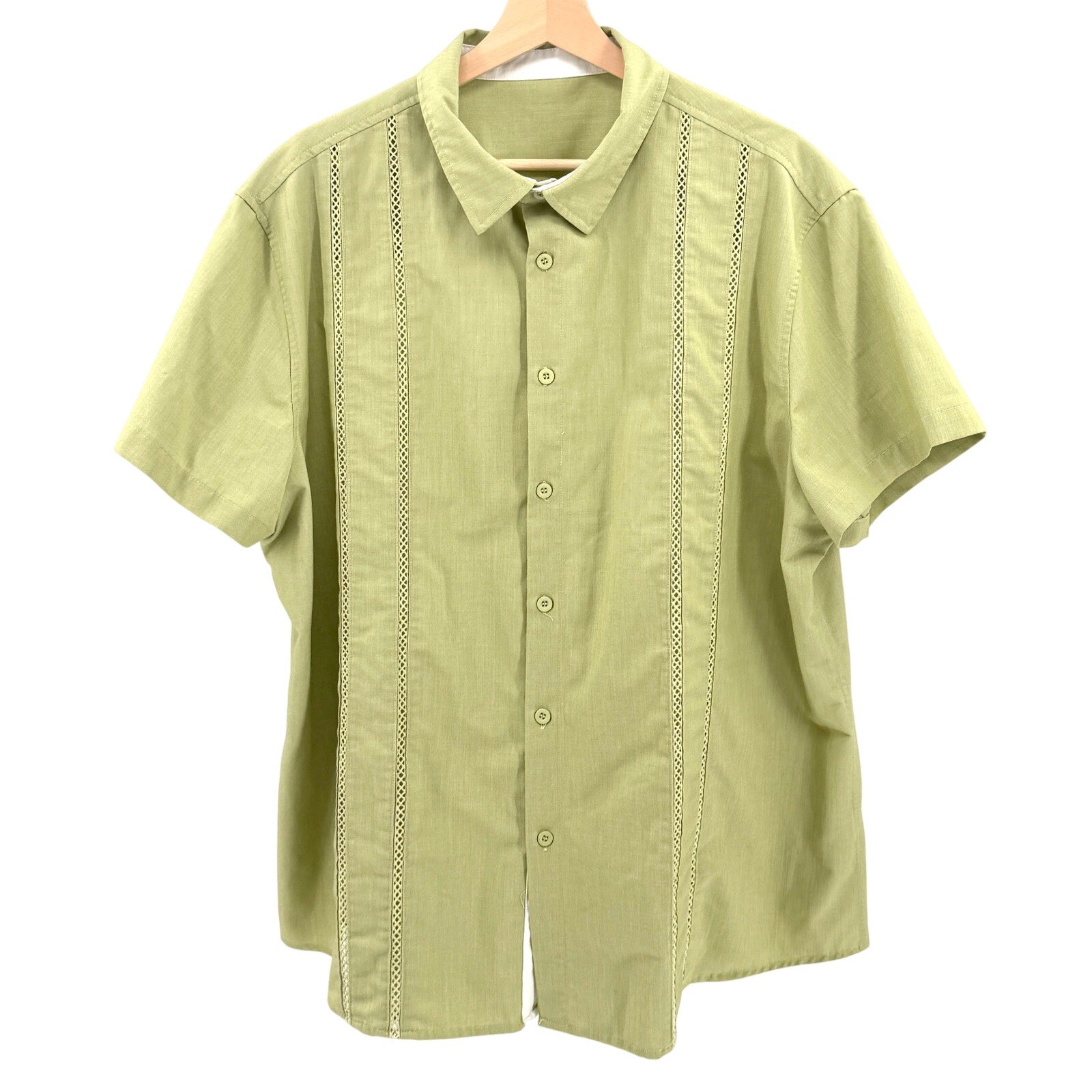 Pistachio Green Tropical Bowling Crochet Trim Short Sleeve Button Up Shirt