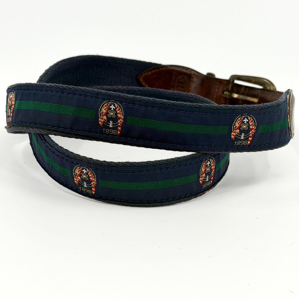 Vintage 80s YRI Navy Green Genuine Leather Preppy Woven Crest Belt