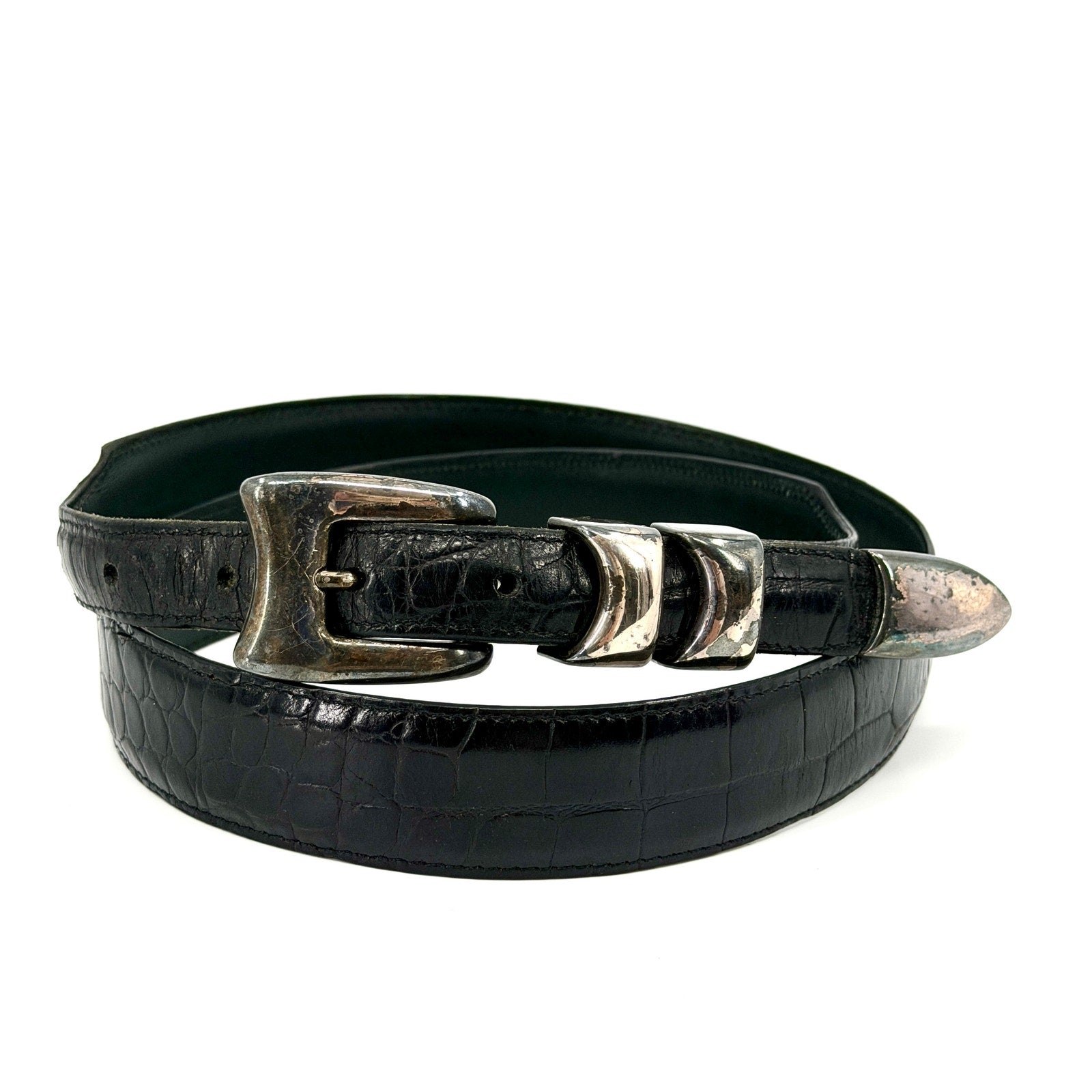 Vintage 90s Black Genuine Leather Croc Embossed Silver Tipped Belt