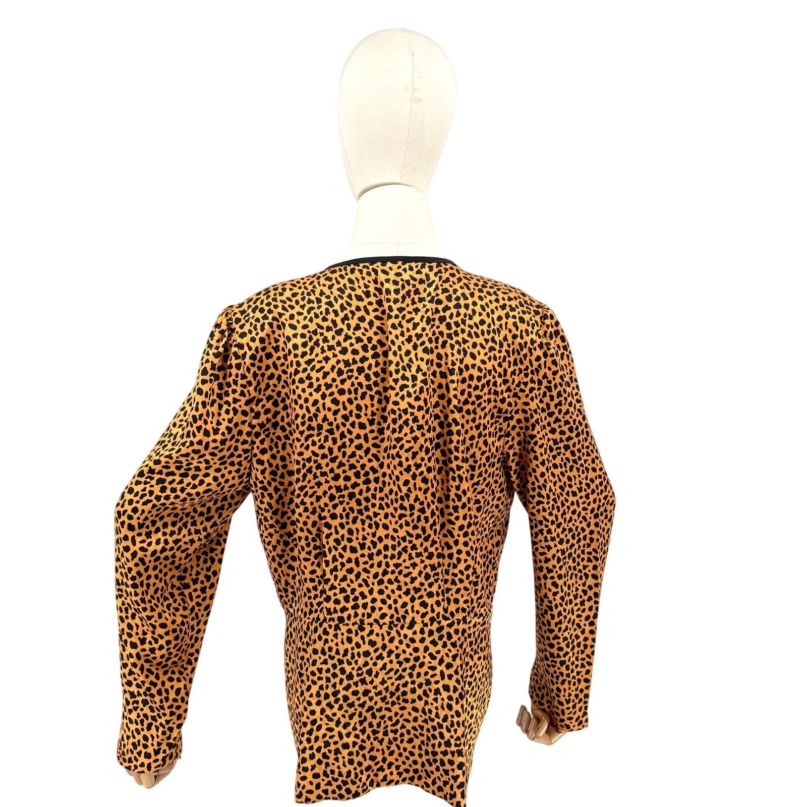 Vintage 80s C. Jay Orange Black Leopard Maximal Wrap Puff Sleeve Blouse