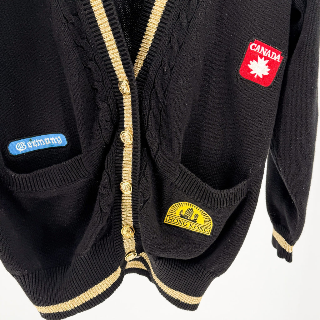 Vintage 80s Kinei Black Knit Travel Patch Gold Trim Varsity Cardigan Sweater