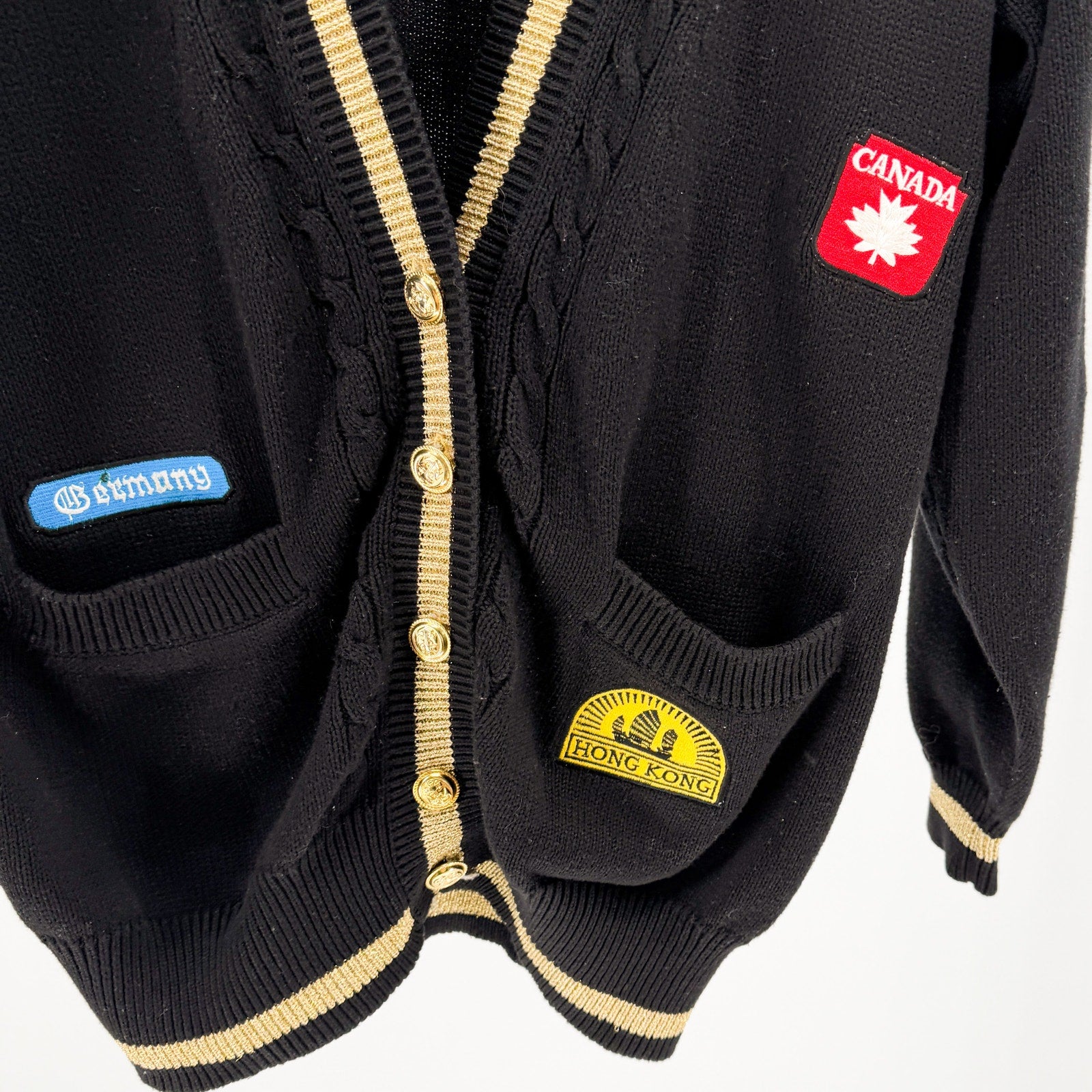 Vintage 80s Kinei Black Knit Travel Patch Gold Trim Varsity Cardigan Sweater
