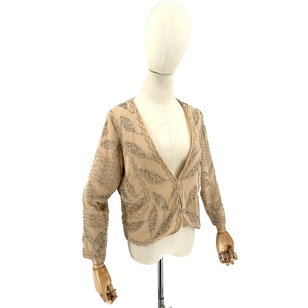 Greylin Nude Champagne Silver Bugle Bead Embellished Cocktail Jacket
