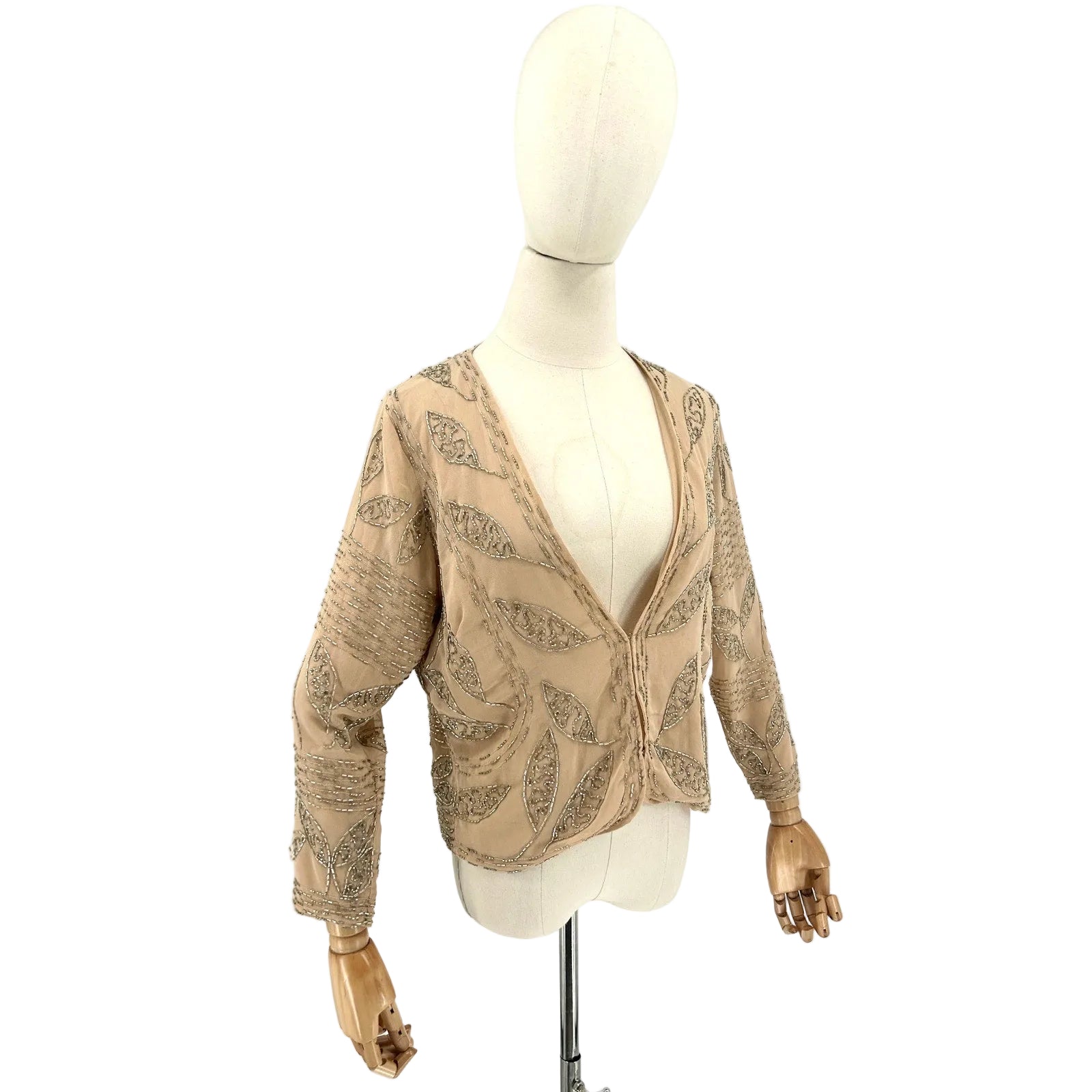 Greylin Nude Champagne Silver Bugle Bead Embellished Cocktail Jacket