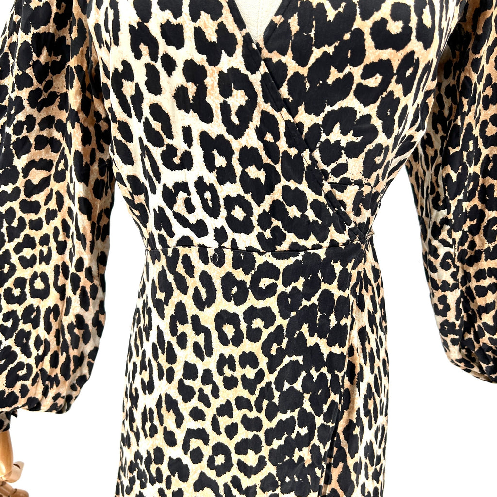 Ganni Silk Leopard Print Long Sleeve V-Neck Wrap Maxi Dress