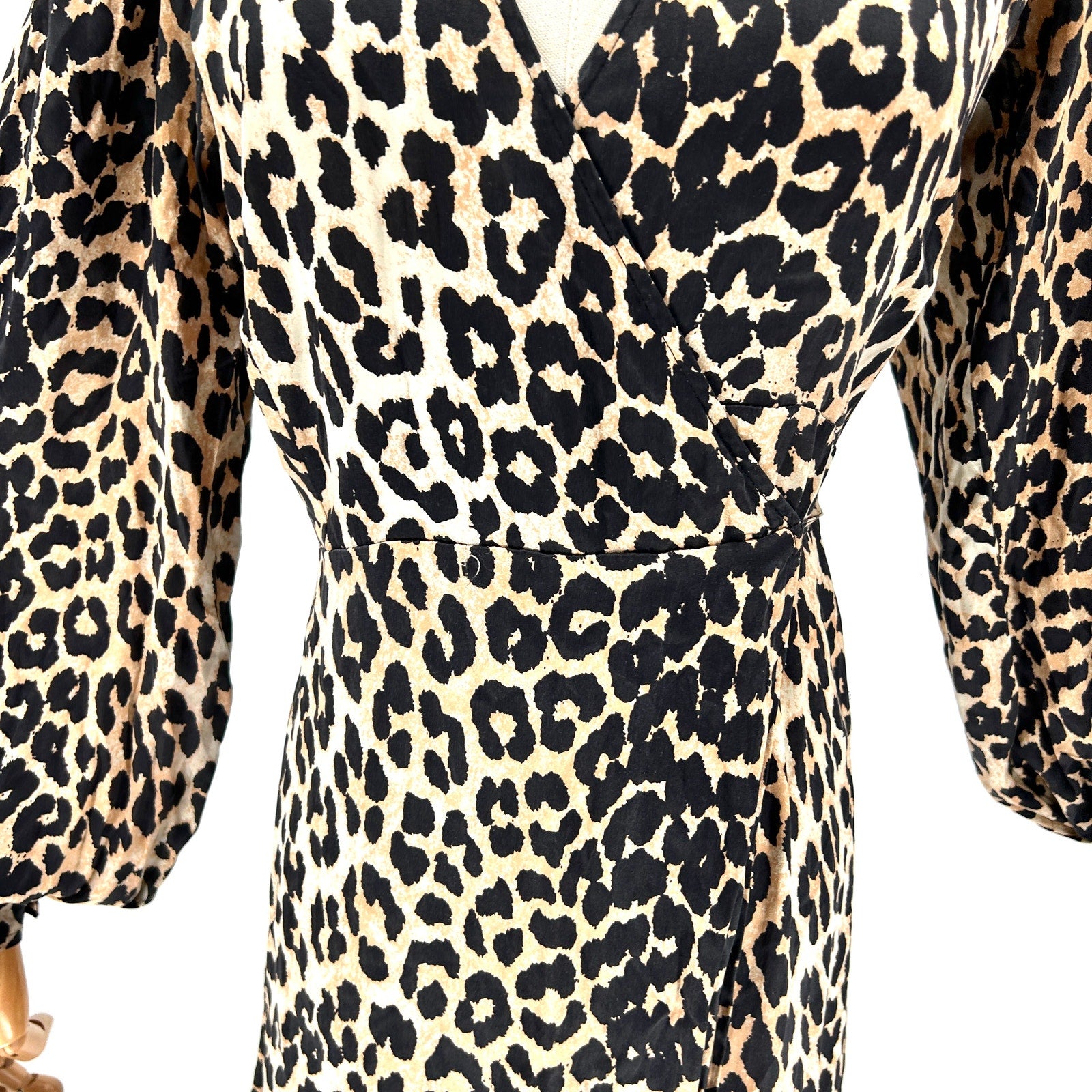 Ganni Silk Leopard Print Long Sleeve V-Neck Wrap Maxi Dress