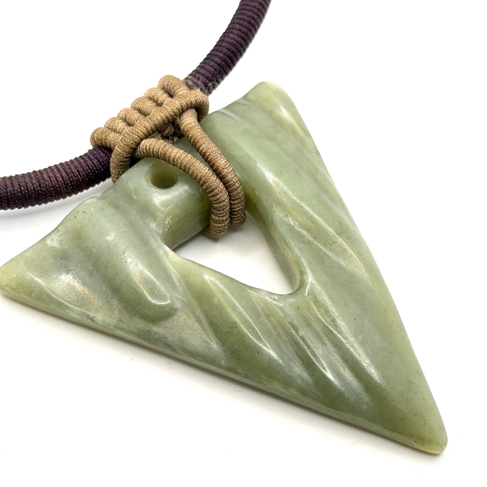 Vintage 90s Green Jade Carved Large Triangle Chunky Corded Pendant Necklace
