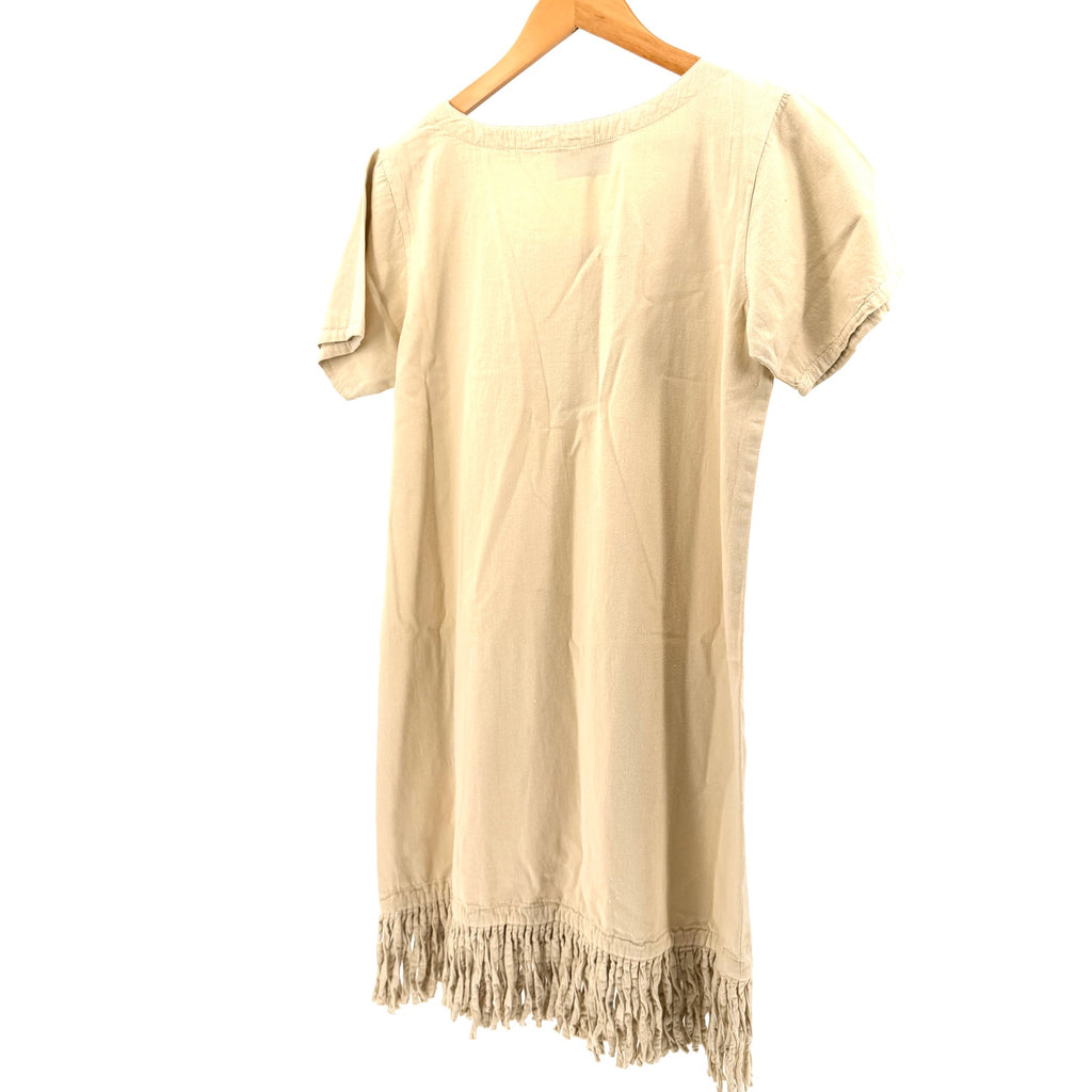 Vintage 90s Shipshe Khaki 100% Cotton Animal Patch Studded Fringe Hem Dress