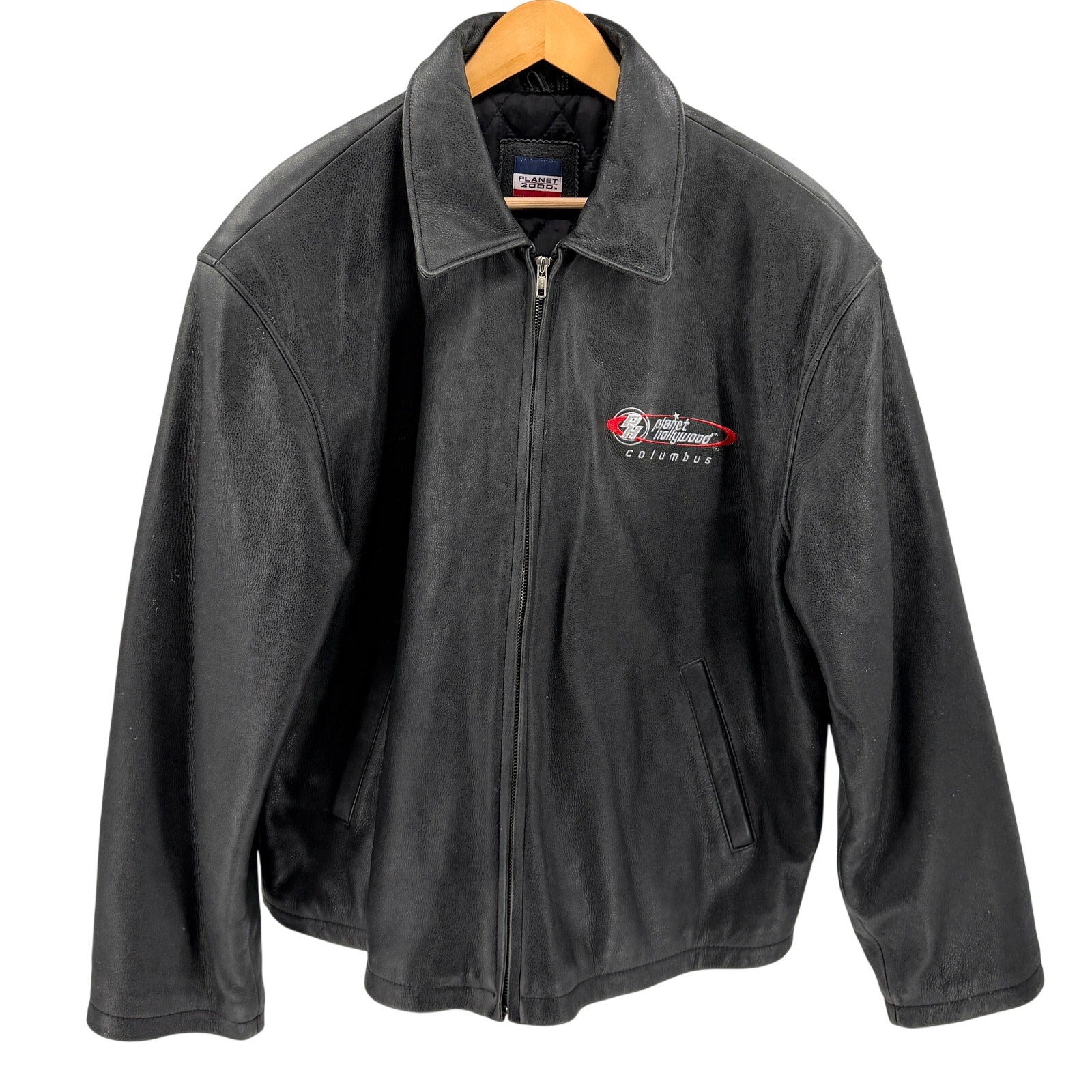 Vintage 90s Planet Hollywood Black Genuine Leather Columbus Bomber Jacket