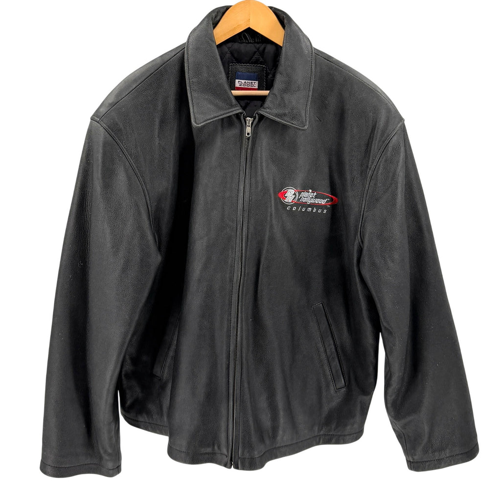 Vintage 90s Planet Hollywood Black Genuine Leather Columbus Bomber Jacket