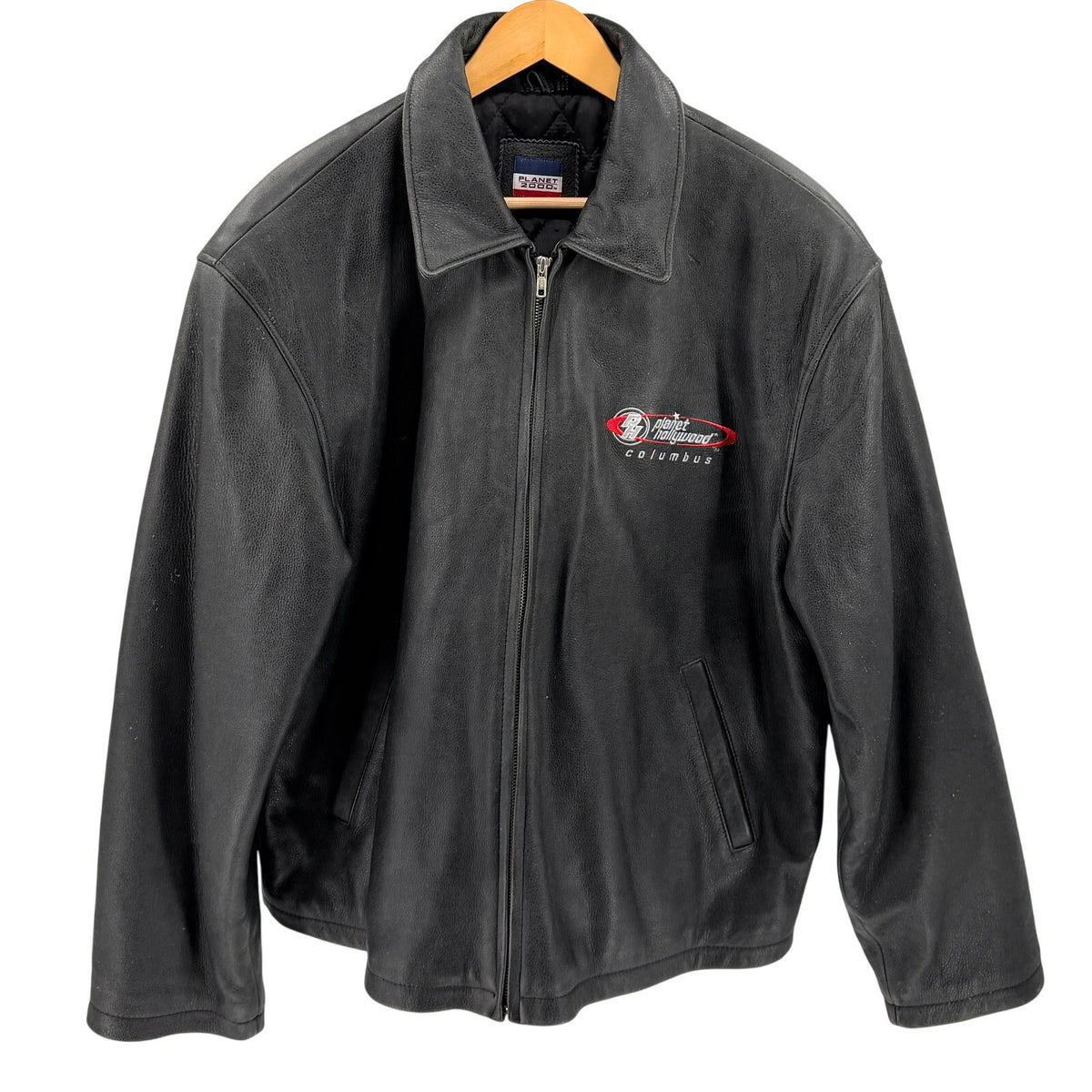 Vintage 90s Planet Hollywood Black Genuine Leather Columbus Bomber Jacket