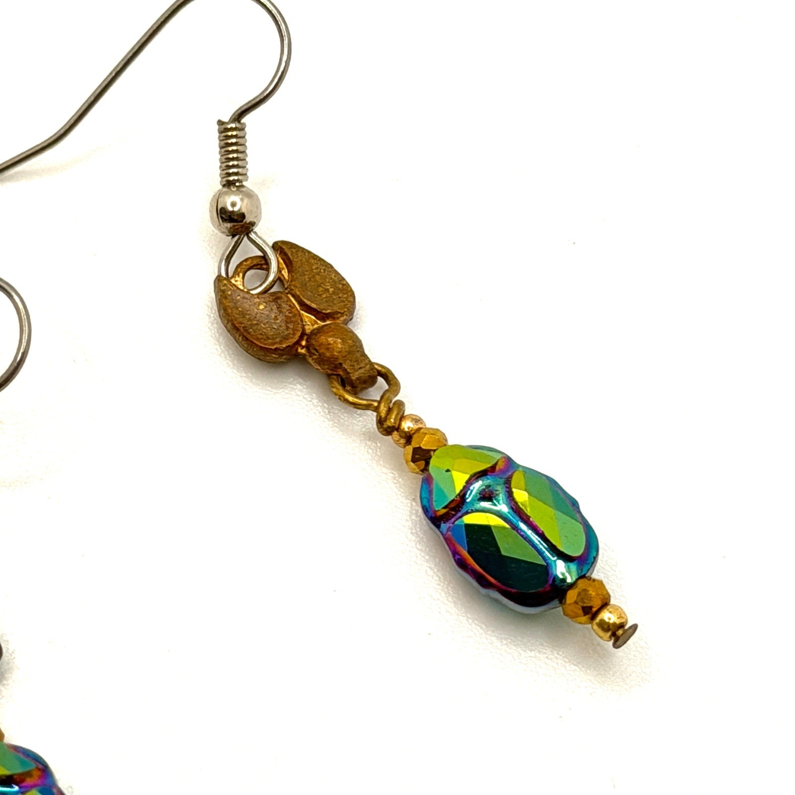 Vintage 90s Scarab Iridescent Green Blue Glass Beetle Drop Earrings