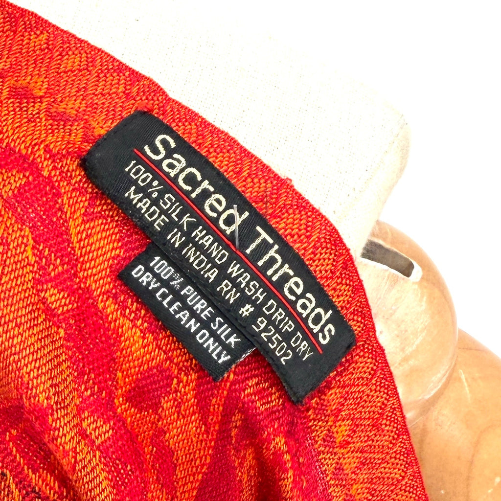 Vintage Y2K Sacred Threads Orange Red 100% Silk Paisley Woven Fringed Shawl