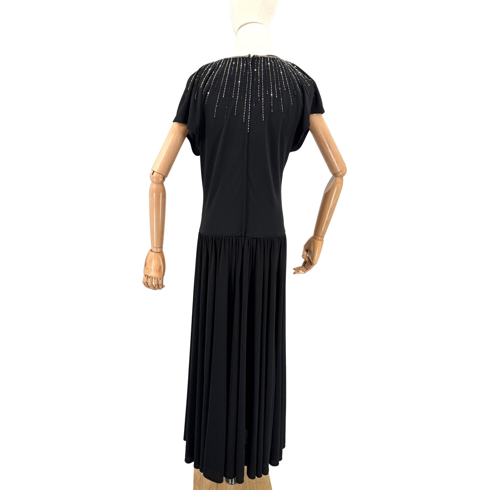 Vintage 80s Nuit Black Drop Waist Beaded Sunburst Flounce Glam Evening Dress