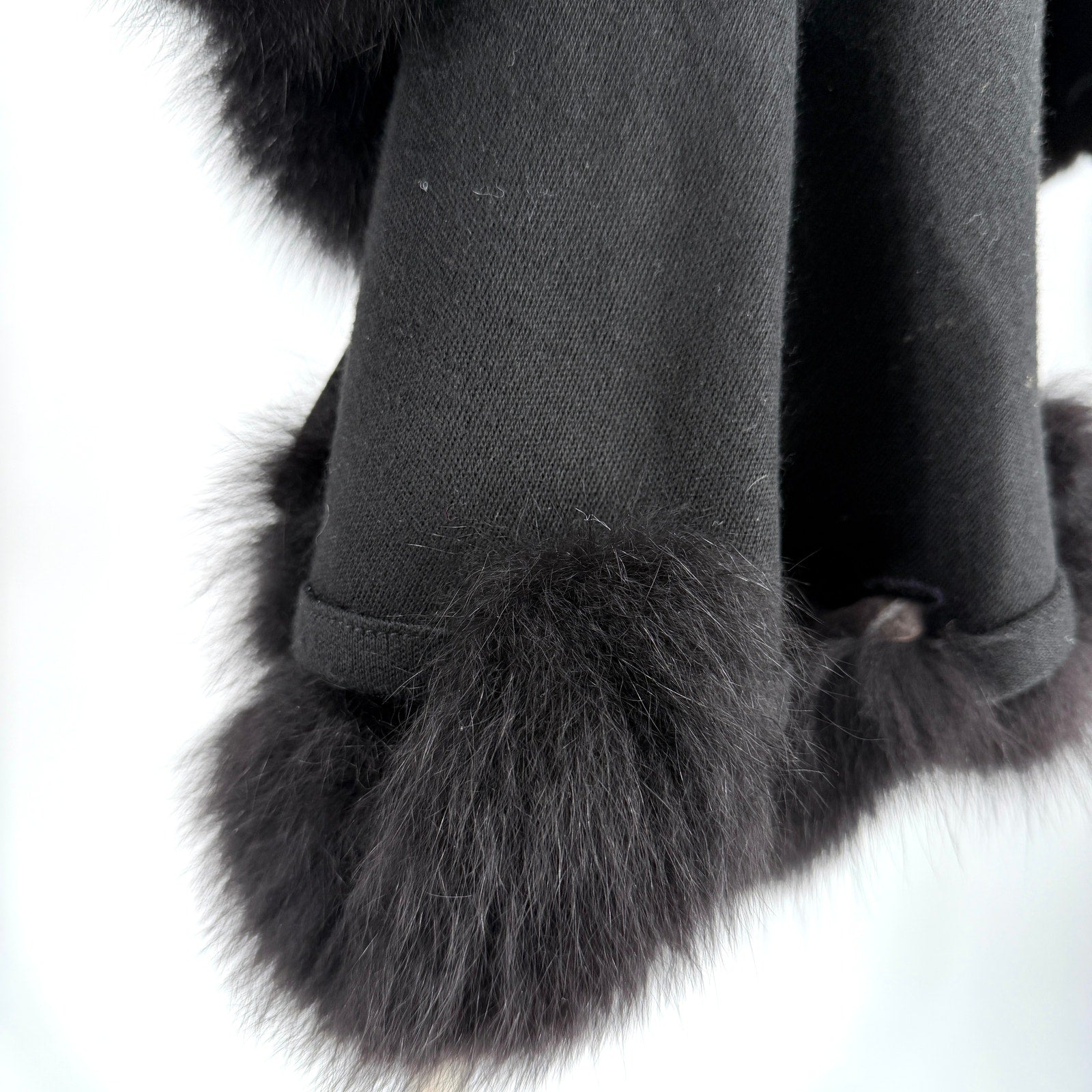 Caruana Black Heavy Knit Genuine Fur Trim Elegant Outerwear Cape Ruana