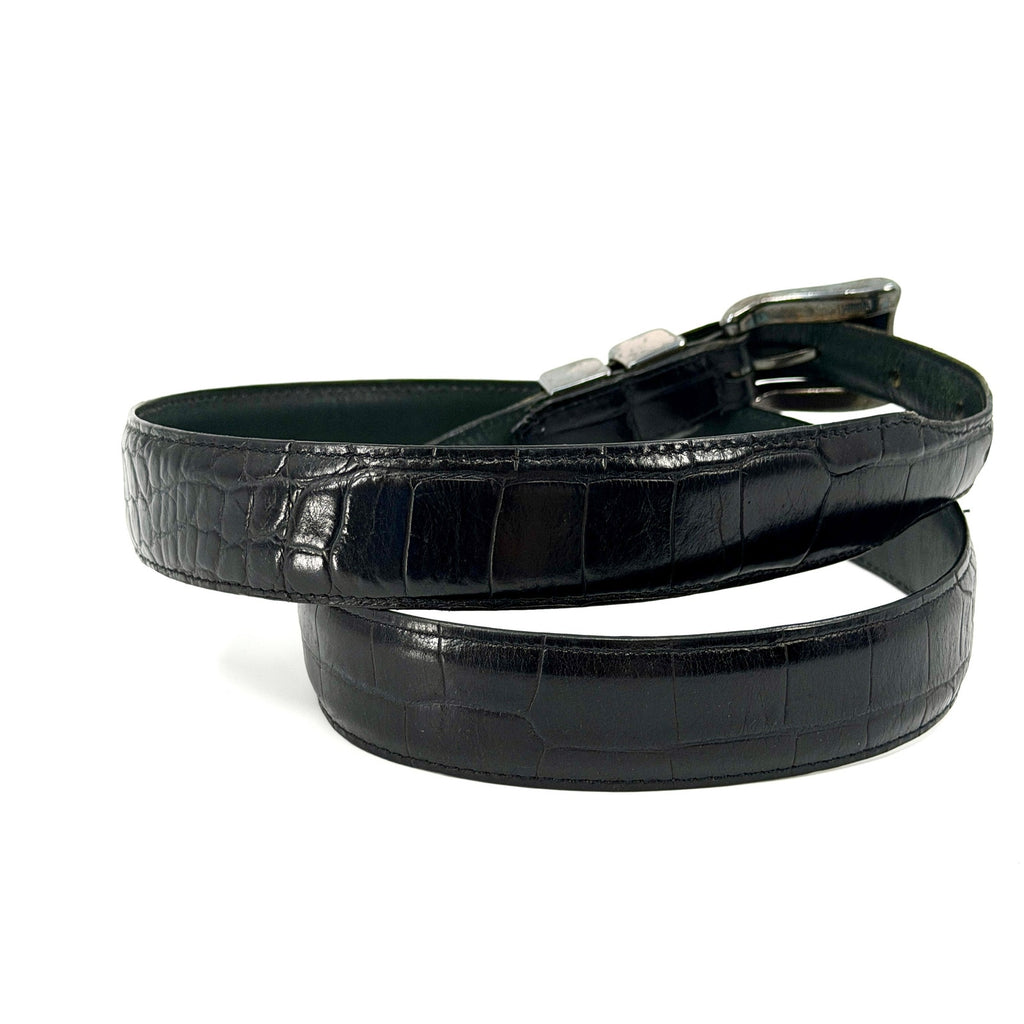 Vintage 90s Black Genuine Leather Croc Embossed Silver Tipped Belt