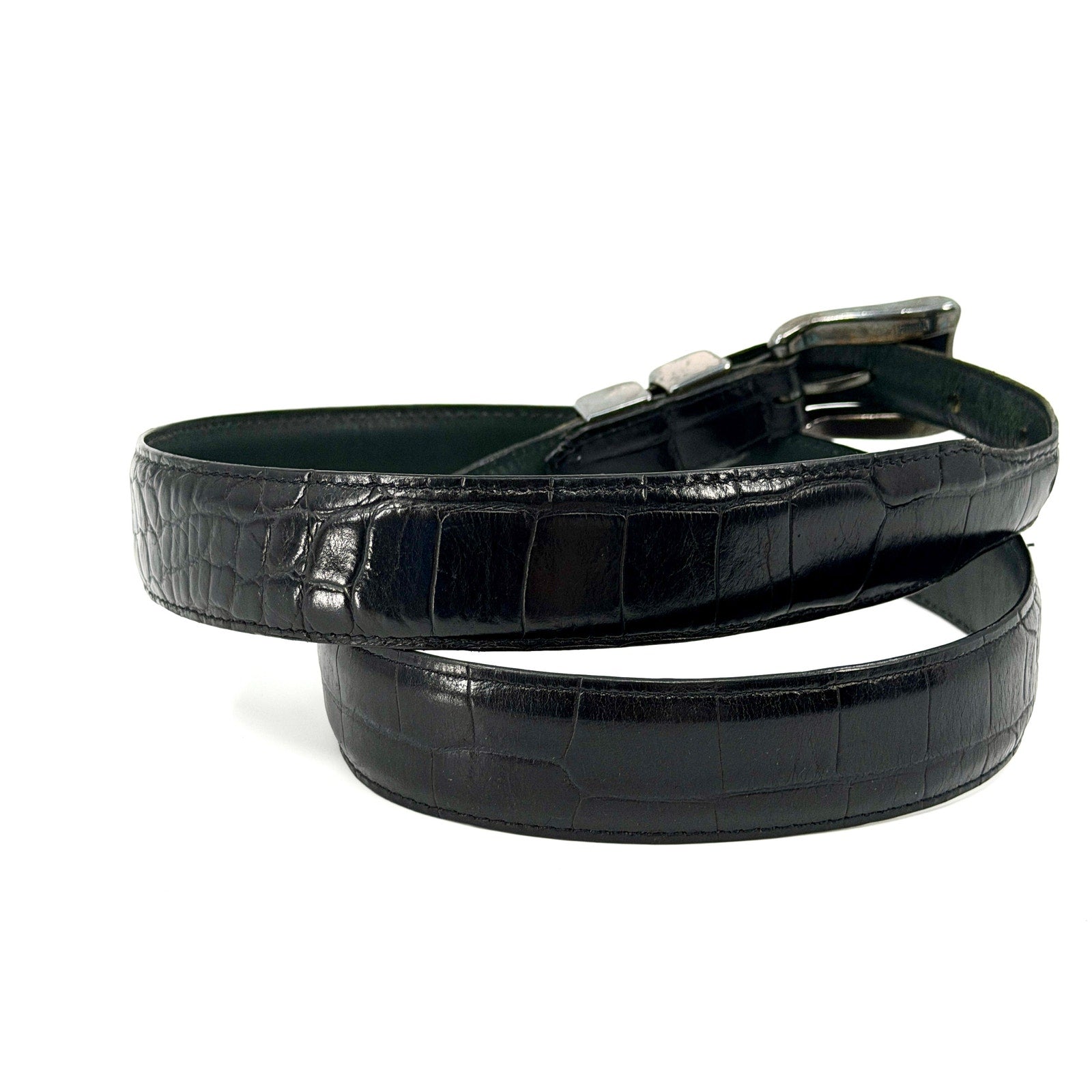Vintage 90s Black Genuine Leather Croc Embossed Silver Tipped Belt