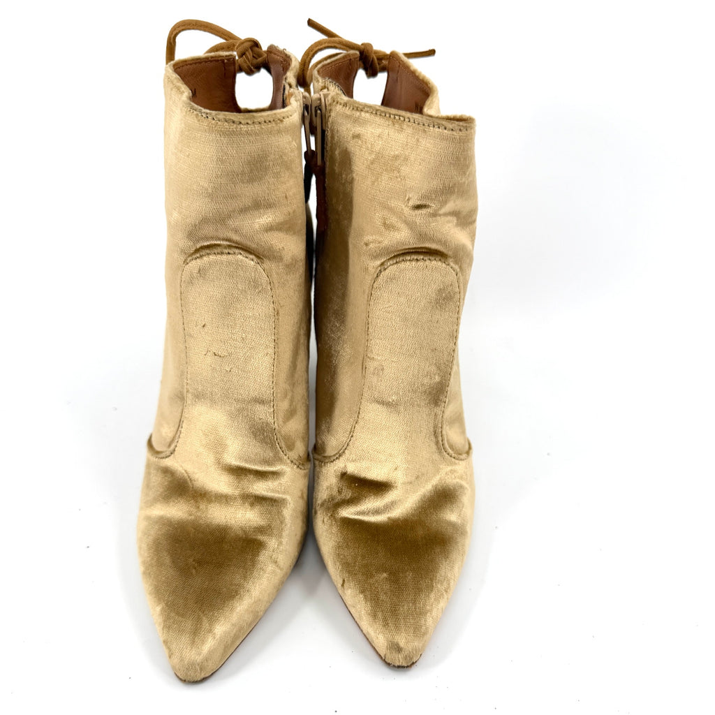 Stuart Weitzman Gold Crushed Velvet Pointed Toe Block Heel Booties