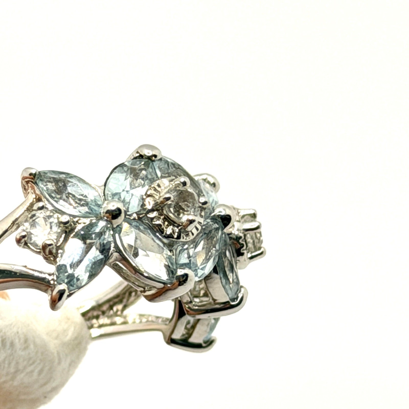 Vintage 90s Sterling Silver Marquise Blue Topaz Floral Cluster Ring