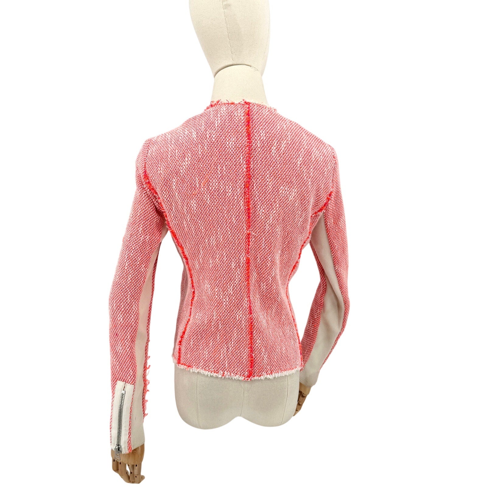 Rebecca Taylor Neon Red White Tweed Neon Fringe Moto Zipper Jacket