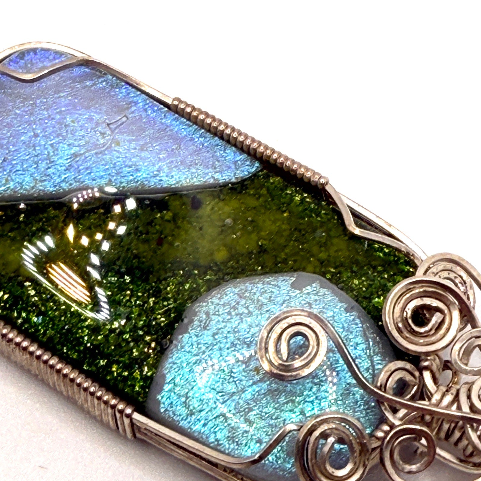 Vintage 90s Green Blue Dichroic Glass Wire Wrapped Statement Pendant