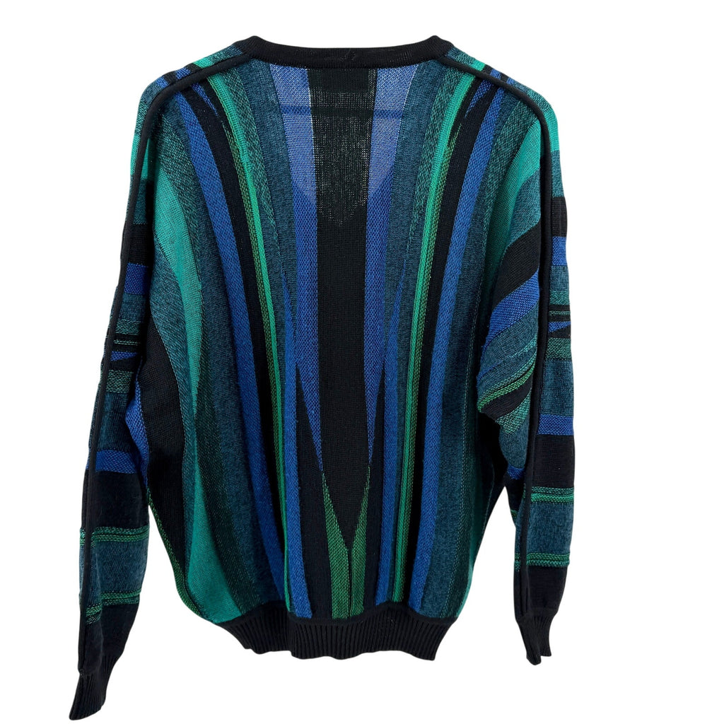 Vintage 90s St. Croix Knits Blue Green Textured Stripe V-Neck Sweater