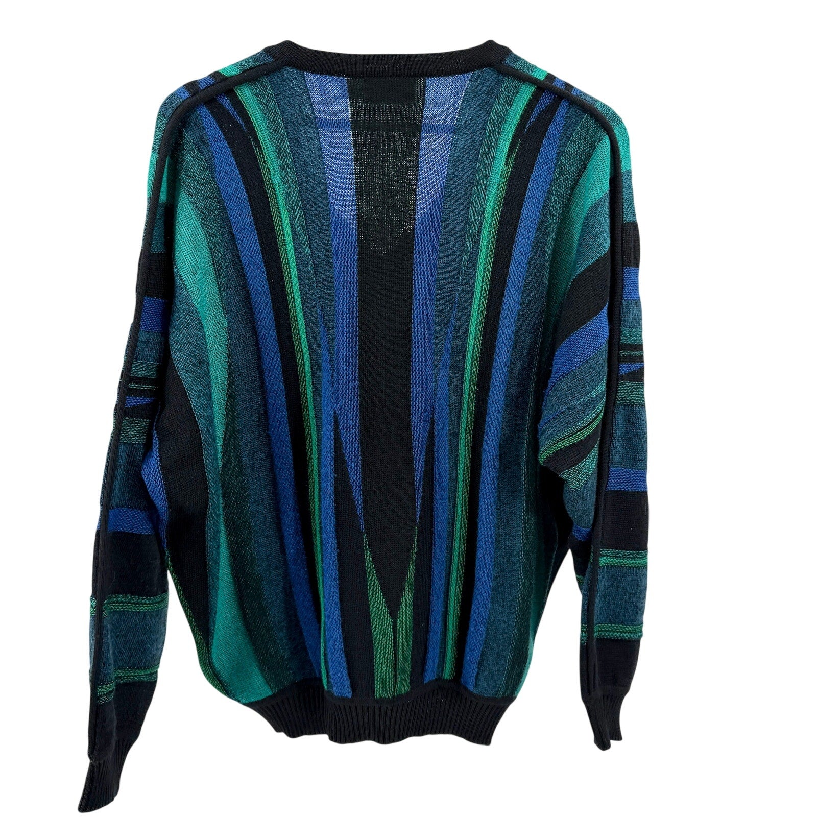 Vintage 90s St. Croix Knits Blue Green Textured Stripe V-Neck Sweater