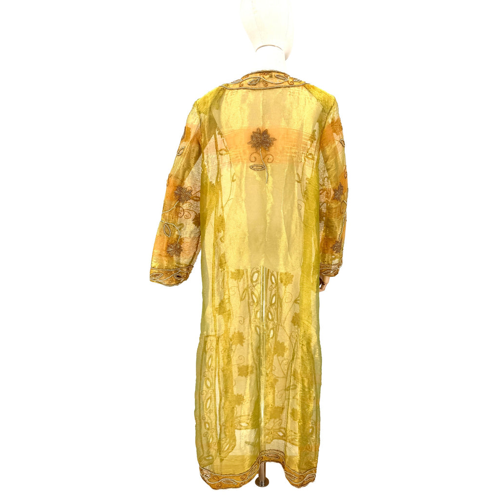 Vintage 80s Tan-Chho Green Gold Maximalist Beaded Sheer Shoulder Pad Duster