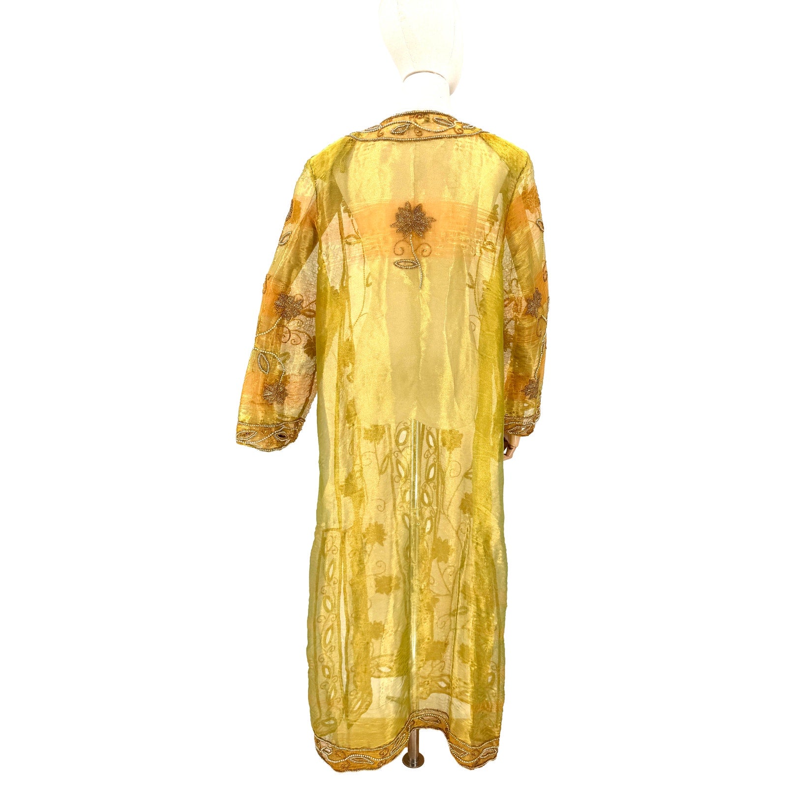 Vintage 80s Tan-Chho Green Gold Maximalist Beaded Sheer Shoulder Pad Duster