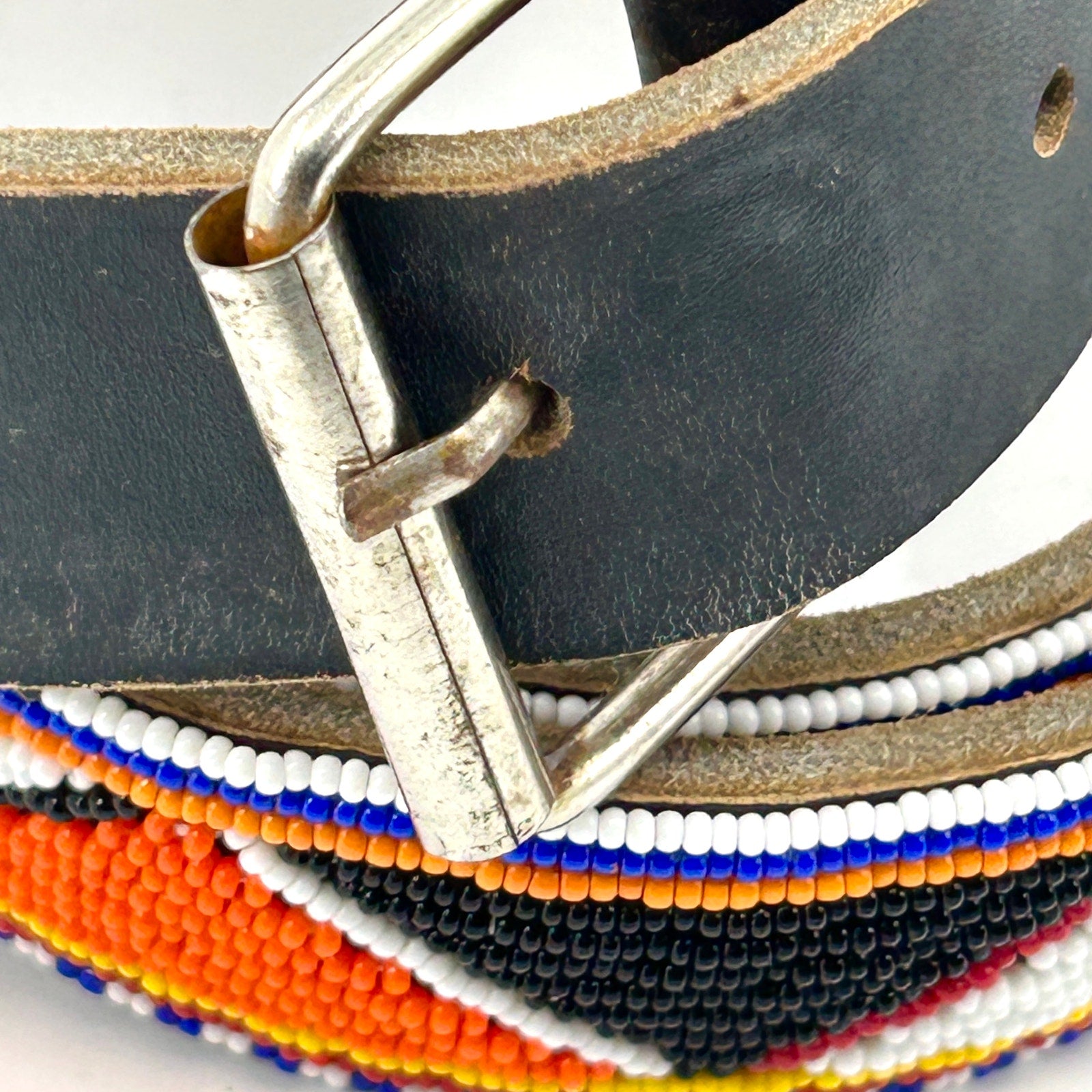 Vintage 90s Multicolor Seed Bead Geometric Genuine Leather African Style Belt
